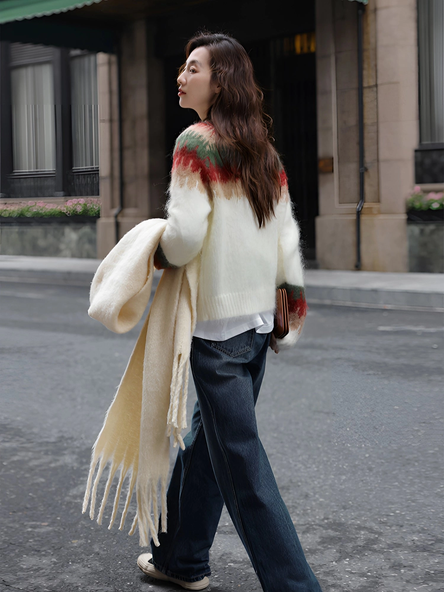 Mohair Striped Oversized Sweater - Women's Fluffy Winter Knitwear