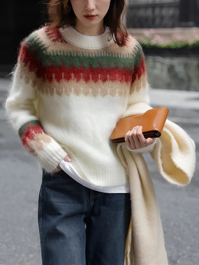 Mohair Striped Oversized Sweater - Women's Fluffy Winter Knitwear