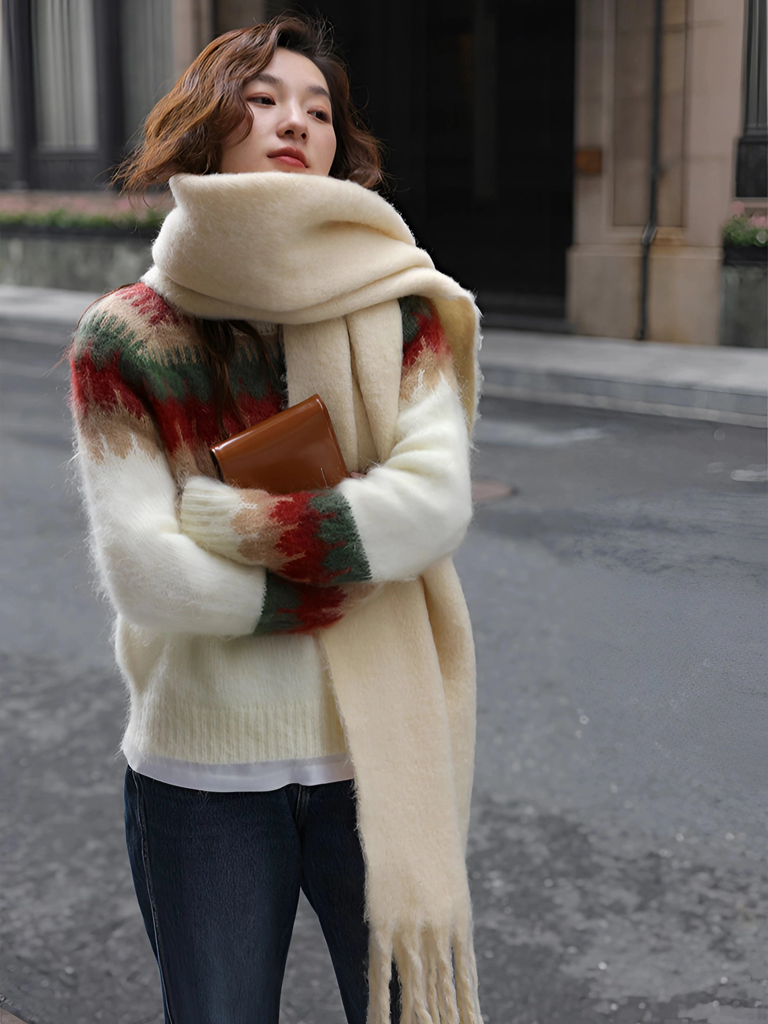 Mohair Striped Oversized Sweater - Women's Fluffy Winter Knitwear