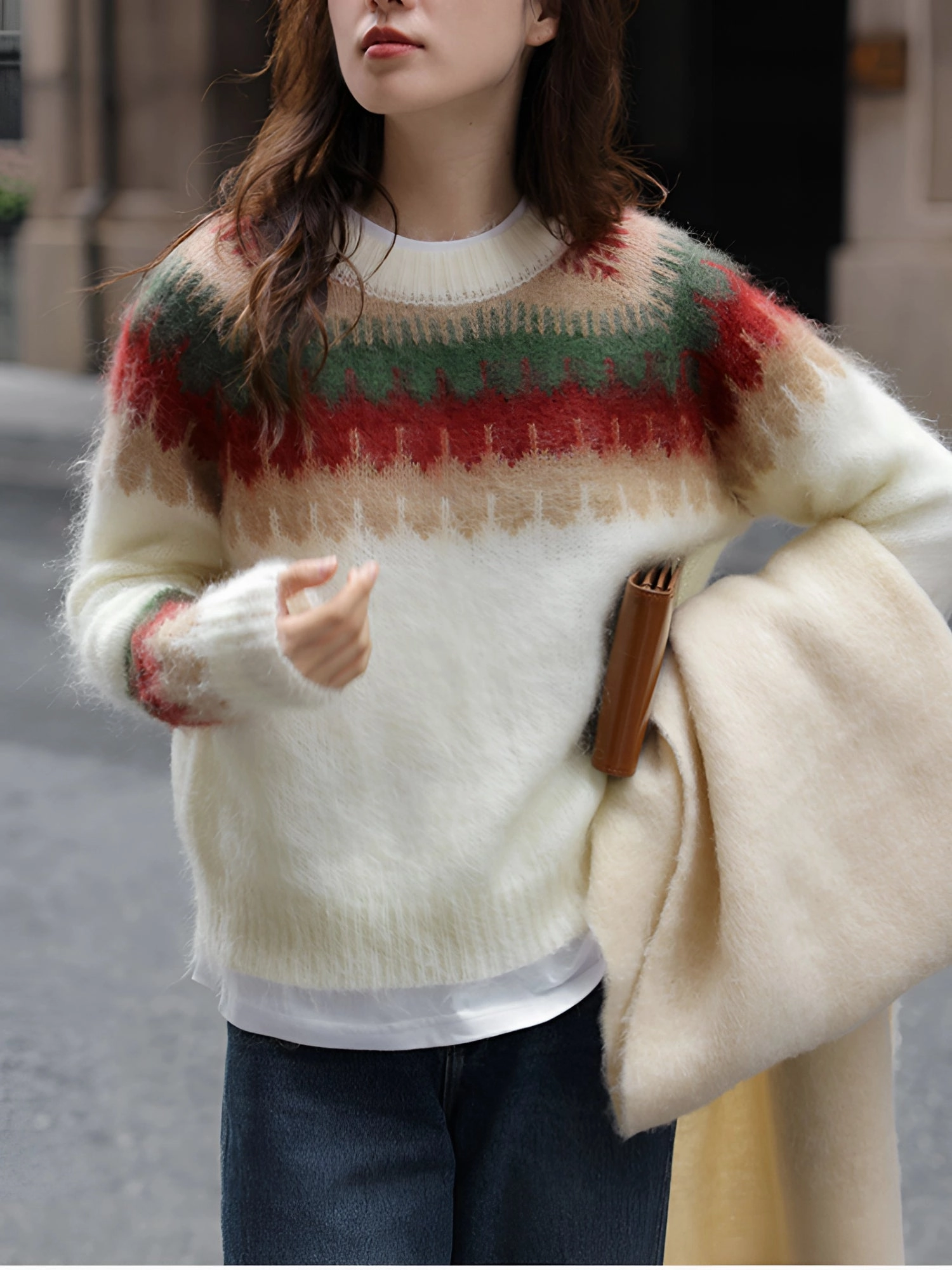 Mohair Striped Oversized Sweater - Women's Fluffy Winter Knitwear