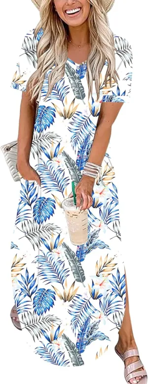 MOLERANI Women's Summer Maxi Dress 2025 Short Sleeve V Neck Casual Loose Sundress Long Beach Split Dresses with Pockets