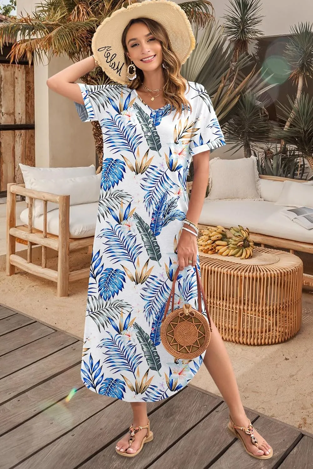 MOLERANI Women's Summer Maxi Dress 2025 Short Sleeve V Neck Casual Loose Sundress Long Beach Split Dresses with Pockets