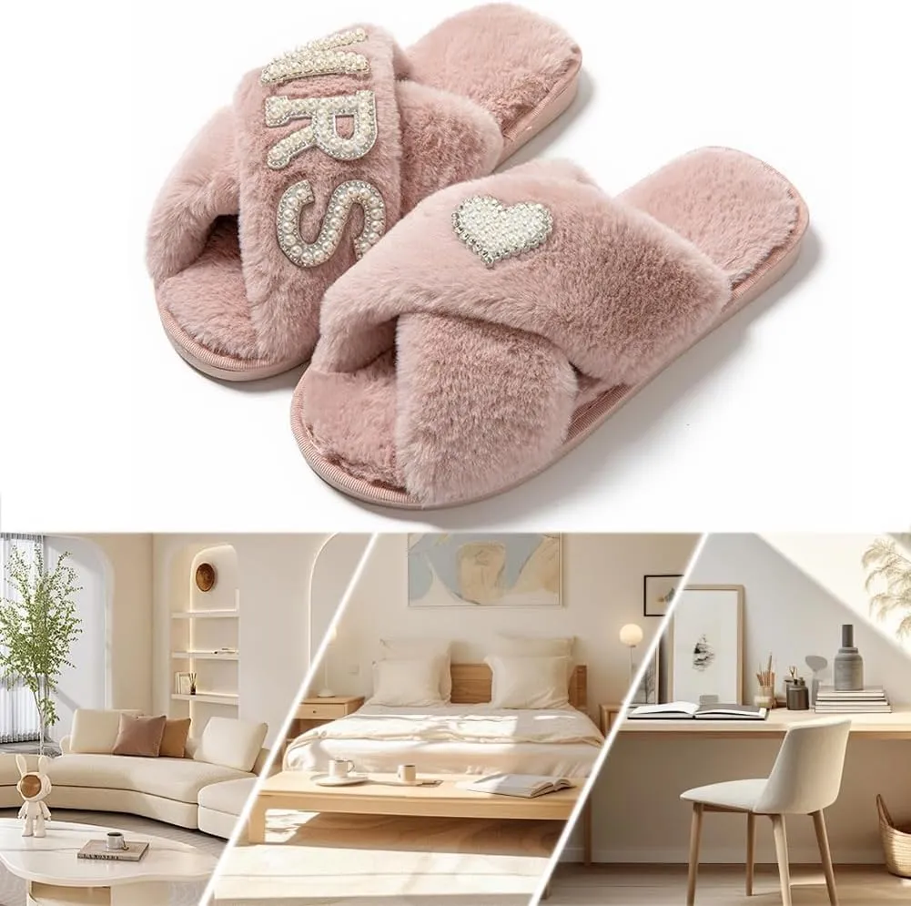 MOM Slippers for Women, Fuzzy Cross Slippers Open Toe House Shoes Gift for Women Mothers Day Plush Furry Warm Cozy