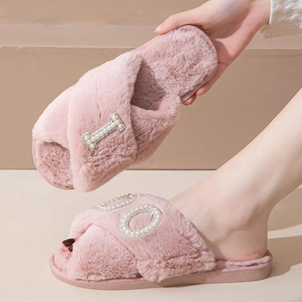 MOM Slippers for Women, Fuzzy Cross Slippers Open Toe House Shoes Gift for Women Mothers Day Plush Furry Warm Cozy