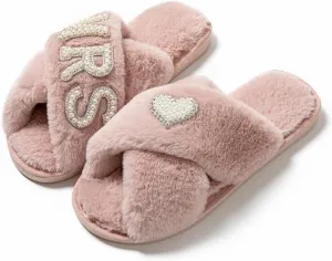 MOM Slippers for Women, Fuzzy Cross Slippers Open Toe House Shoes Gift for Women Mothers Day Plush Furry Warm Cozy