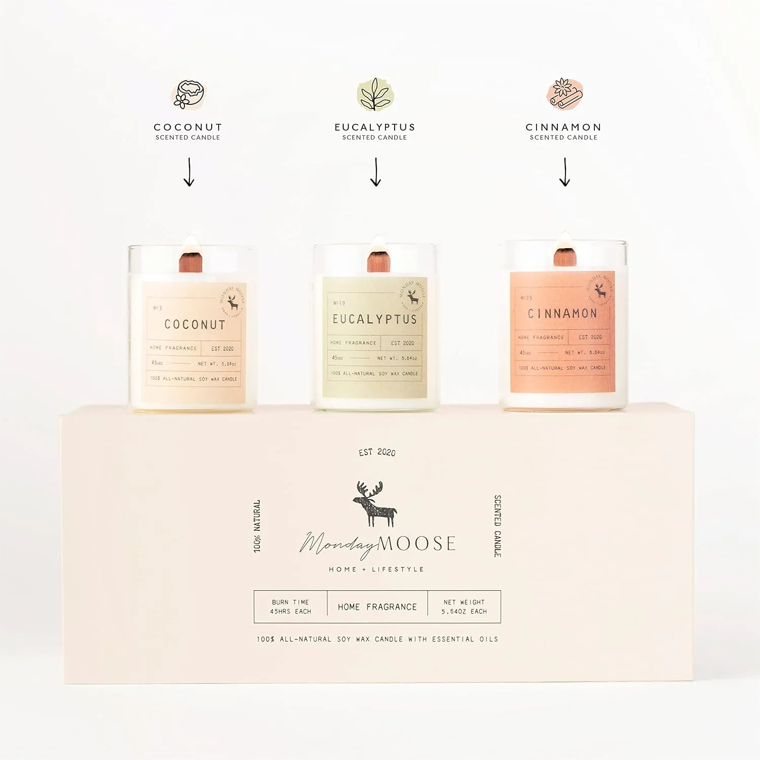 MONDAY MOOSE Scented Candle Gift Set, 5.64oz Each, 3-Pack All-Natural Soy Wax Candle Set with Essential Oils for Home, Mom, Women, Birthday Gift (Coconut Eucalyptus Cinnamon, Small Jar)