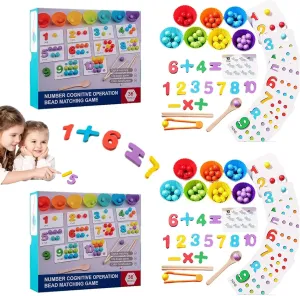 Montessori Arithmetic Math Toy Set - Beads, Chopsticks & Spoons, Montessori Toys for 1 2 3 6 Year Old, Toddler/Babies Wooden Rainbow Daily Number Match - Play Board, Block (2pc Rainbow Set)