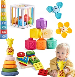 Montessori Baby Toys 6-12-18 Months,6 in 1 Toy Set for 6 Months ,Birthday Gift for Babies 1 Year Old Boys Girls,Baby Blocks Sensory Learning Development Playpen Toys for Babies 6-12-18 Months