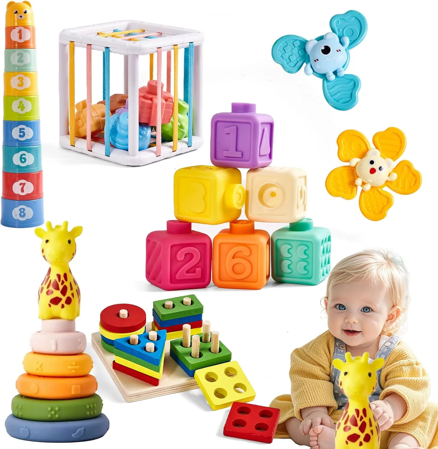 Montessori Baby Toys 6-12-18 Months,6 in 1 Toy Set for 6 Months ,Birthday Gift for Babies 1 Year Old Boys Girls,Baby Blocks Sensory Learning Development Playpen Toys for Babies 6-12-18 Months