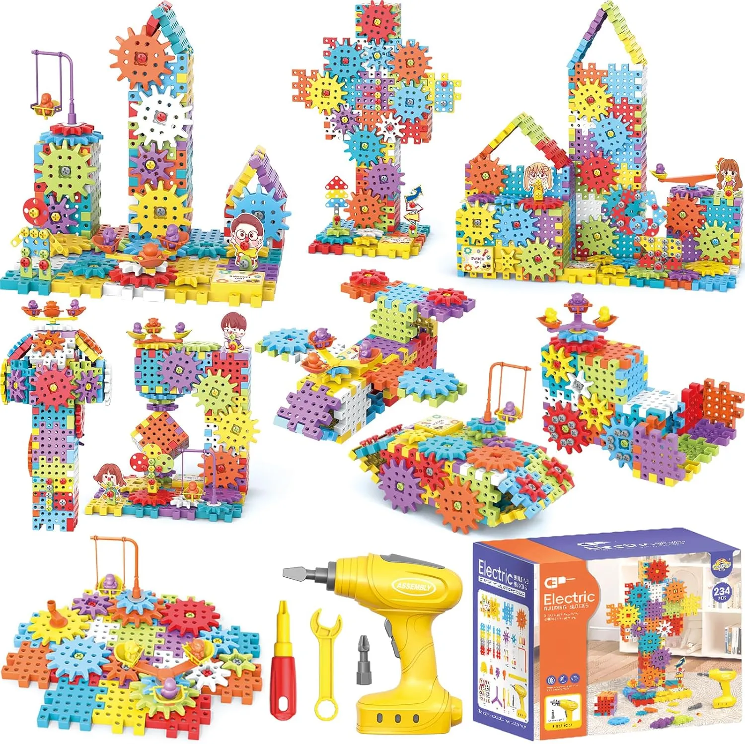 Montessori Electric Gear Building Blocks Toys, Kids Tool Set - 234 Pcs Design and Drill Toddler Screws Toy, STEM Educational Construction Toy for Boys Girls Gift Ages 3-5