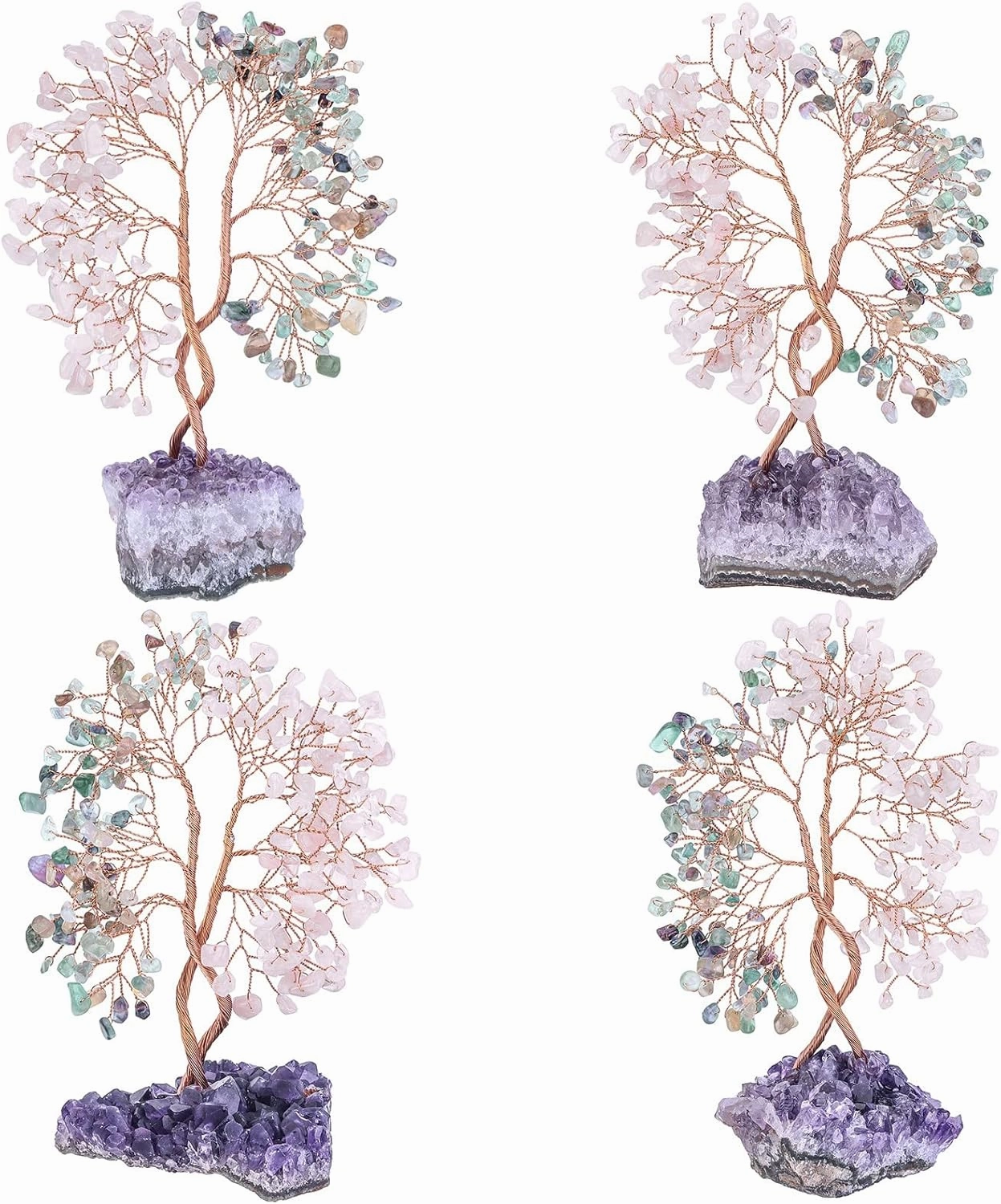 mookaitedecor Natural Rose Quartz & Fluorite Crystal Tree with Amethyst Cluster Base, Money Tree of Life Ornament for Feng Shui Desk Decoration