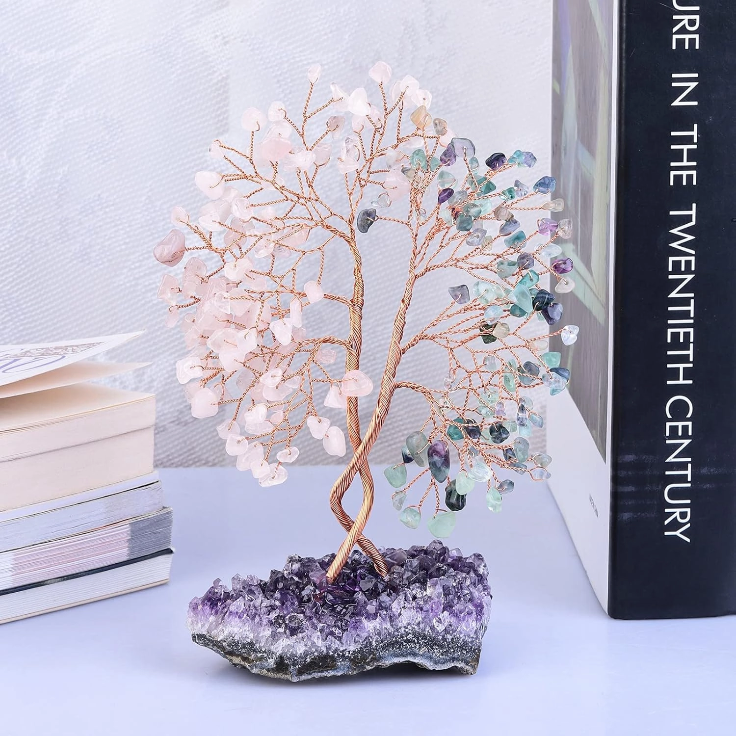 mookaitedecor Natural Rose Quartz & Fluorite Crystal Tree with Amethyst Cluster Base, Money Tree of Life Ornament for Feng Shui Desk Decoration