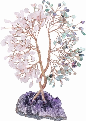 mookaitedecor Natural Rose Quartz & Fluorite Crystal Tree with Amethyst Cluster Base, Money Tree of Life Ornament for Feng Shui Desk Decoration