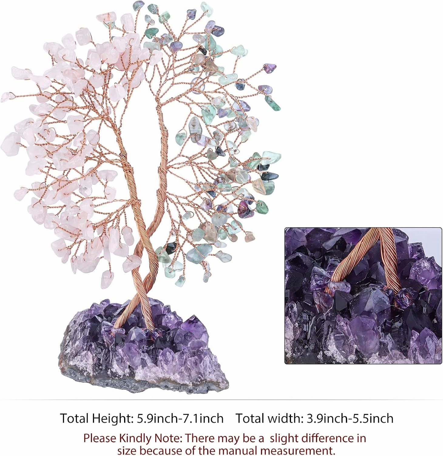 mookaitedecor Natural Rose Quartz & Fluorite Crystal Tree with Amethyst Cluster Base, Money Tree of Life Ornament for Feng Shui Desk Decoration