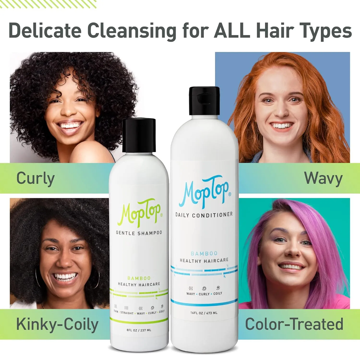 MopTop Gentle Shampoo (8oz)   Daily Conditioner (16oz) for Wavy, Curly, and Coily Hair, Color Safe, Moisturizing Hair Care Set