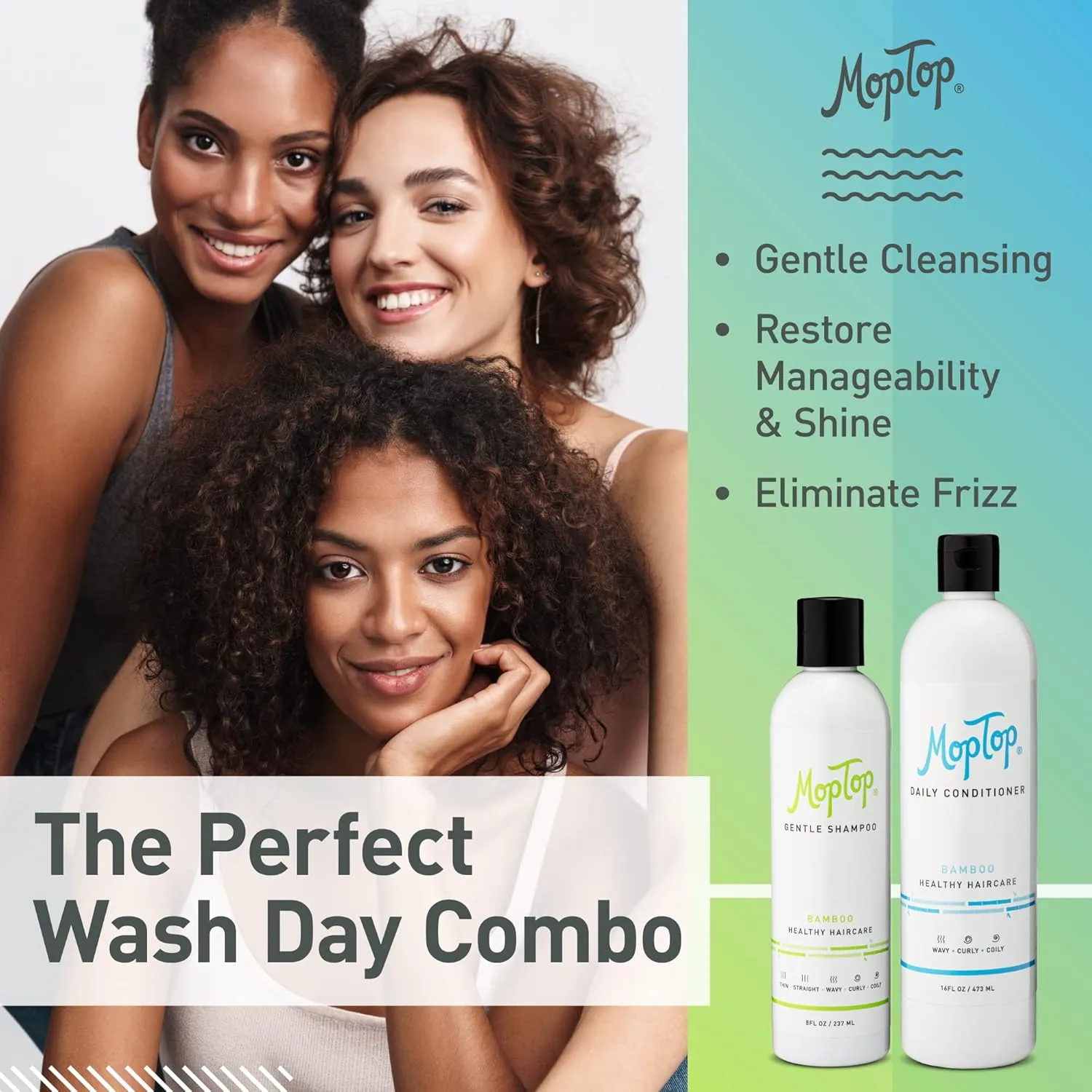 MopTop Gentle Shampoo (8oz)   Daily Conditioner (16oz) for Wavy, Curly, and Coily Hair, Color Safe, Moisturizing Hair Care Set