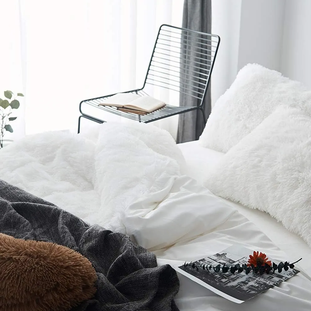 MorroMorn 5 PCS Shaggy Duvet Cover Bedding Set - Long Faux Fur Luxury Ultra Soft Cozy (White, King/California King)