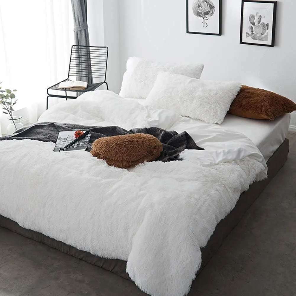 MorroMorn 5 PCS Shaggy Duvet Cover Bedding Set - Long Faux Fur Luxury Ultra Soft Cozy (White, King/California King)