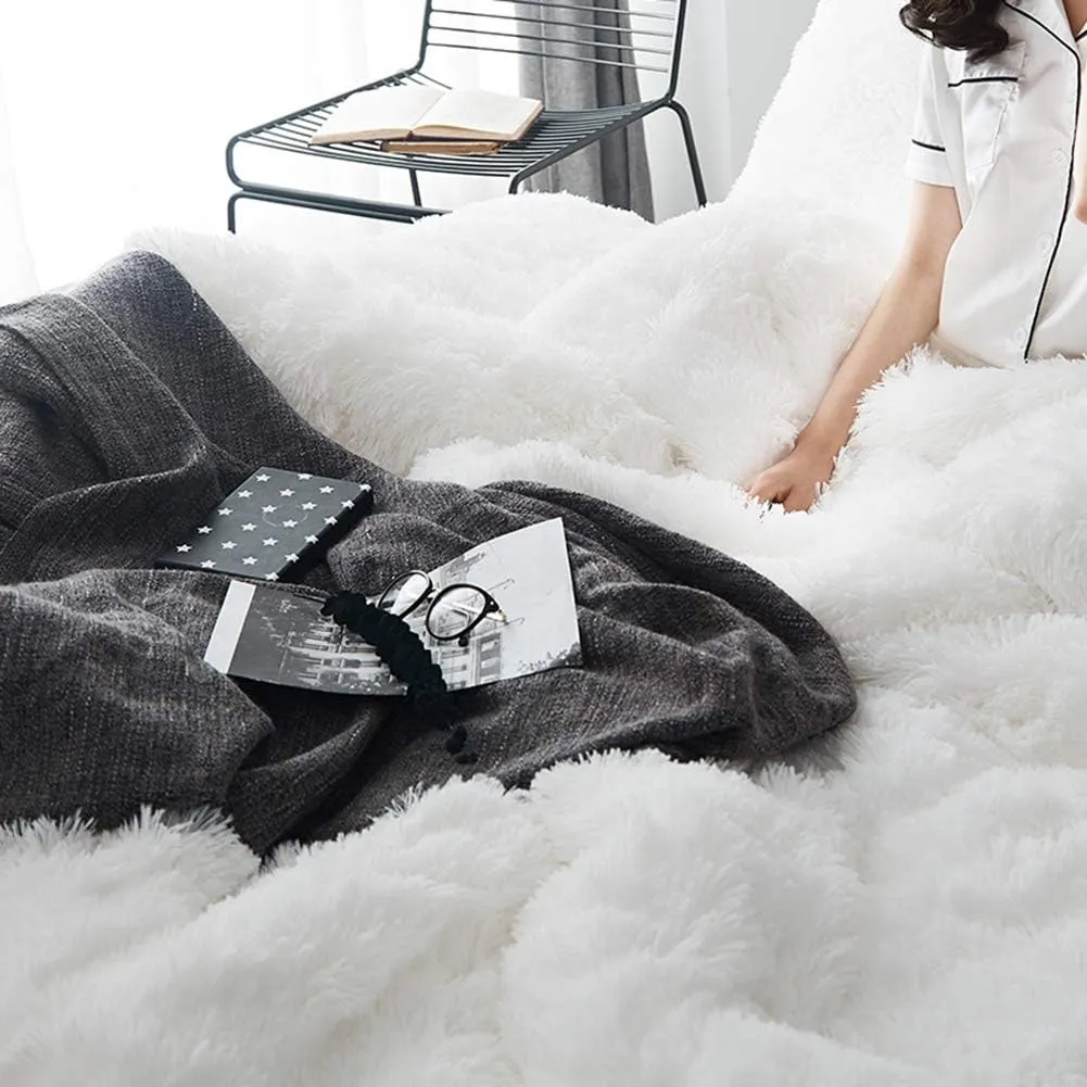 MorroMorn 5 PCS Shaggy Duvet Cover Bedding Set - Long Faux Fur Luxury Ultra Soft Cozy (White, King/California King)
