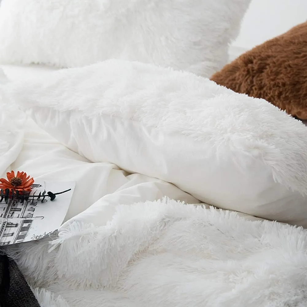 MorroMorn 5 PCS Shaggy Duvet Cover Bedding Set - Long Faux Fur Luxury Ultra Soft Cozy (White, King/California King)