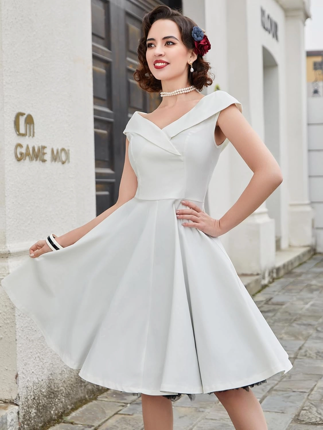 MUXXN Women's 1950s Retro Vintage Sleeveless V Neck Midi Cocktail Swing Dress