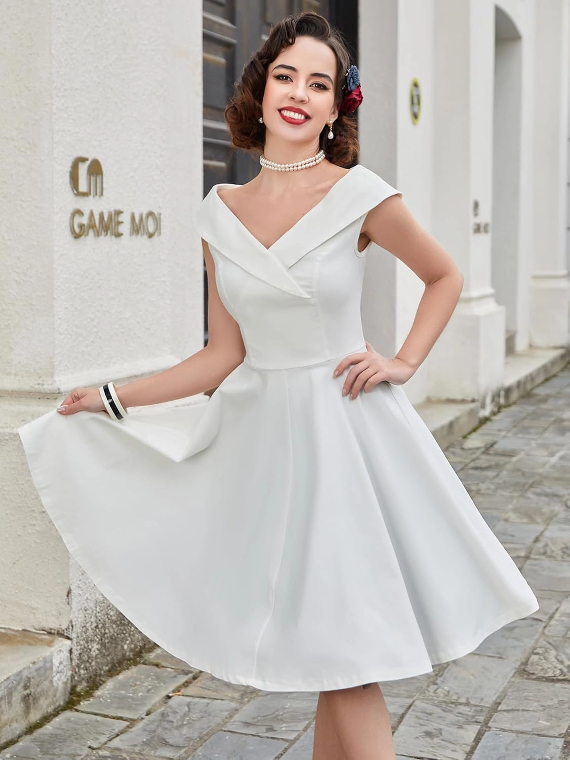 MUXXN Women's 1950s Retro Vintage Sleeveless V Neck Midi Cocktail Swing Dress