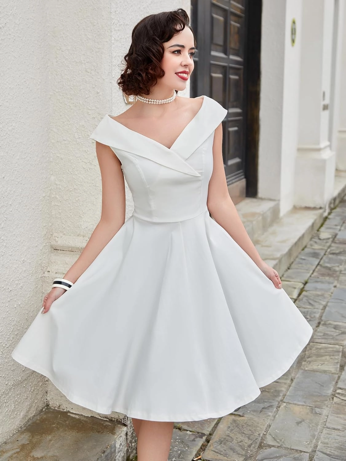 MUXXN Women's 1950s Retro Vintage Sleeveless V Neck Midi Cocktail Swing Dress