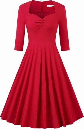 MUXXN Women's Vintage 50s 3/4 Sleeve Midi Sweetheart Neckline Wedding Guest Party Swing Dresses