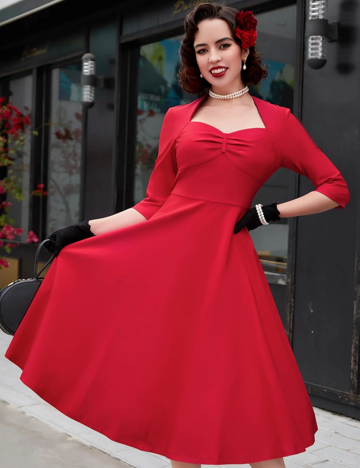 MUXXN Women's Vintage 50s 3/4 Sleeve Midi Sweetheart Neckline Wedding Guest Party Swing Dresses
