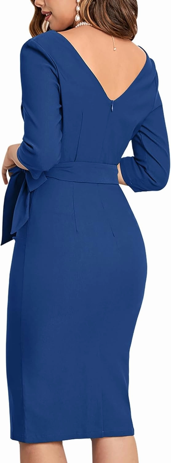 MUXXN Women's Vintage Faux Wrap V Neck 3/4 Sleeve Formal Classic Party Work Dress with Belt