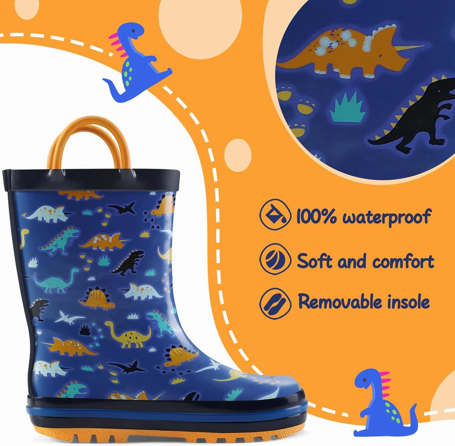 mysoft Kids Rain Boots for Girls Boys Toddler Waterproof Rubber Cute Printed with Easy-On Handles