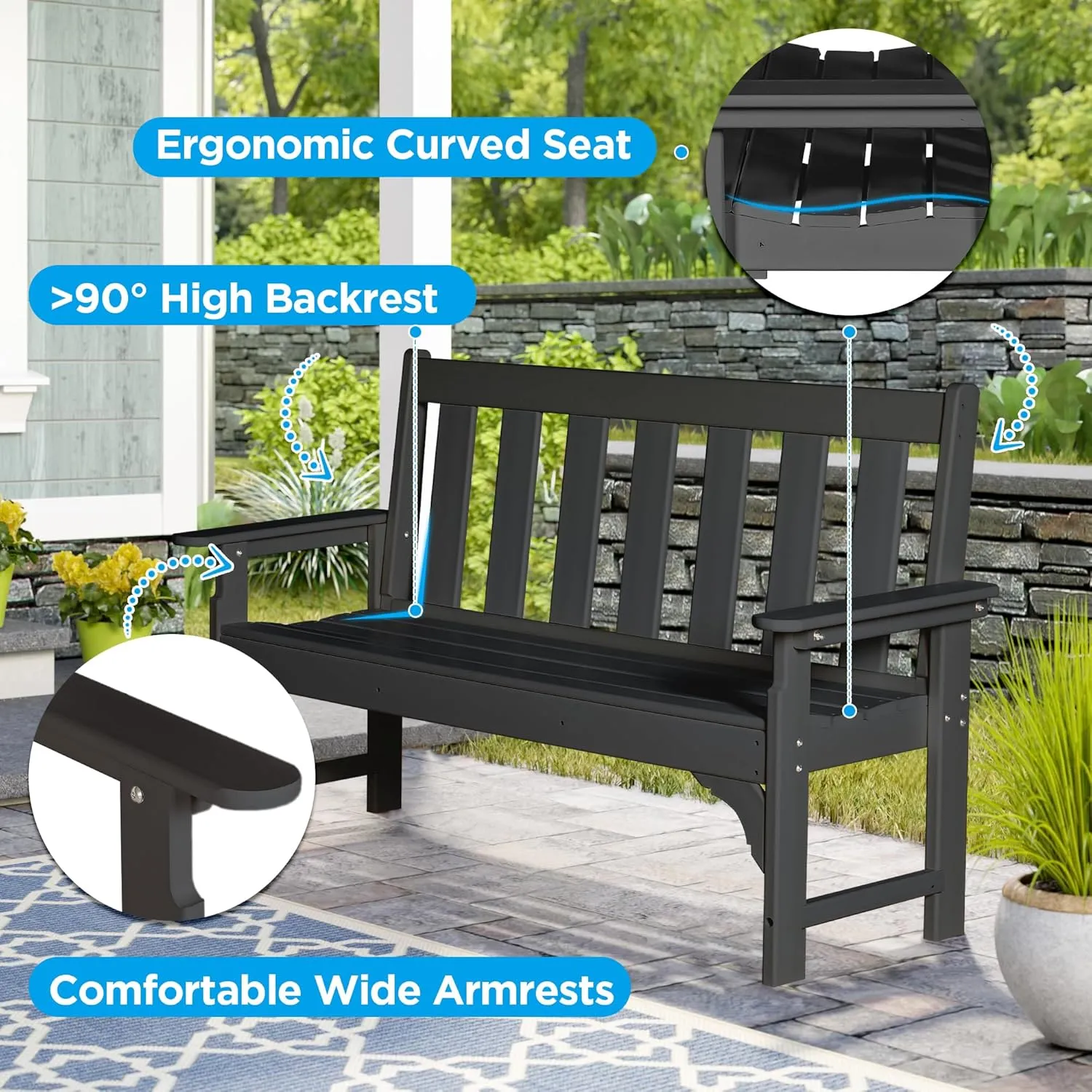 nalone Outdoor Bench, HDPE All Weather Patio Bench Load up to 800 Lbs, 2-Person Garden Bench Rot-Proof Fade Proof for Patio, Porch, and Park (Black)