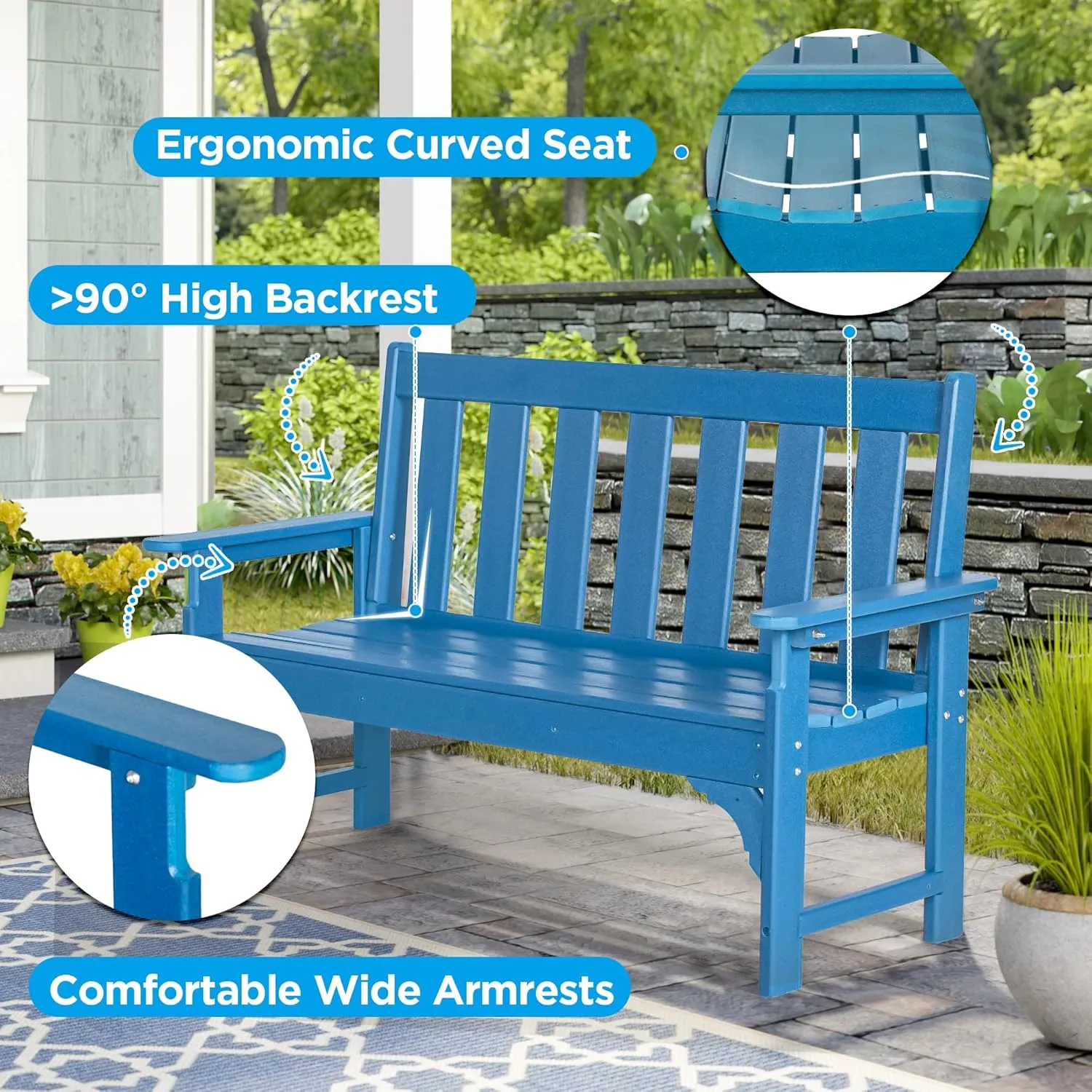 nalone Outdoor Bench, HDPE All Weather Patio Bench Load up to 800 Lbs, 2-Person Garden Bench Rot-Proof Fade Proof for Patio, Porch, and Park (Blue)