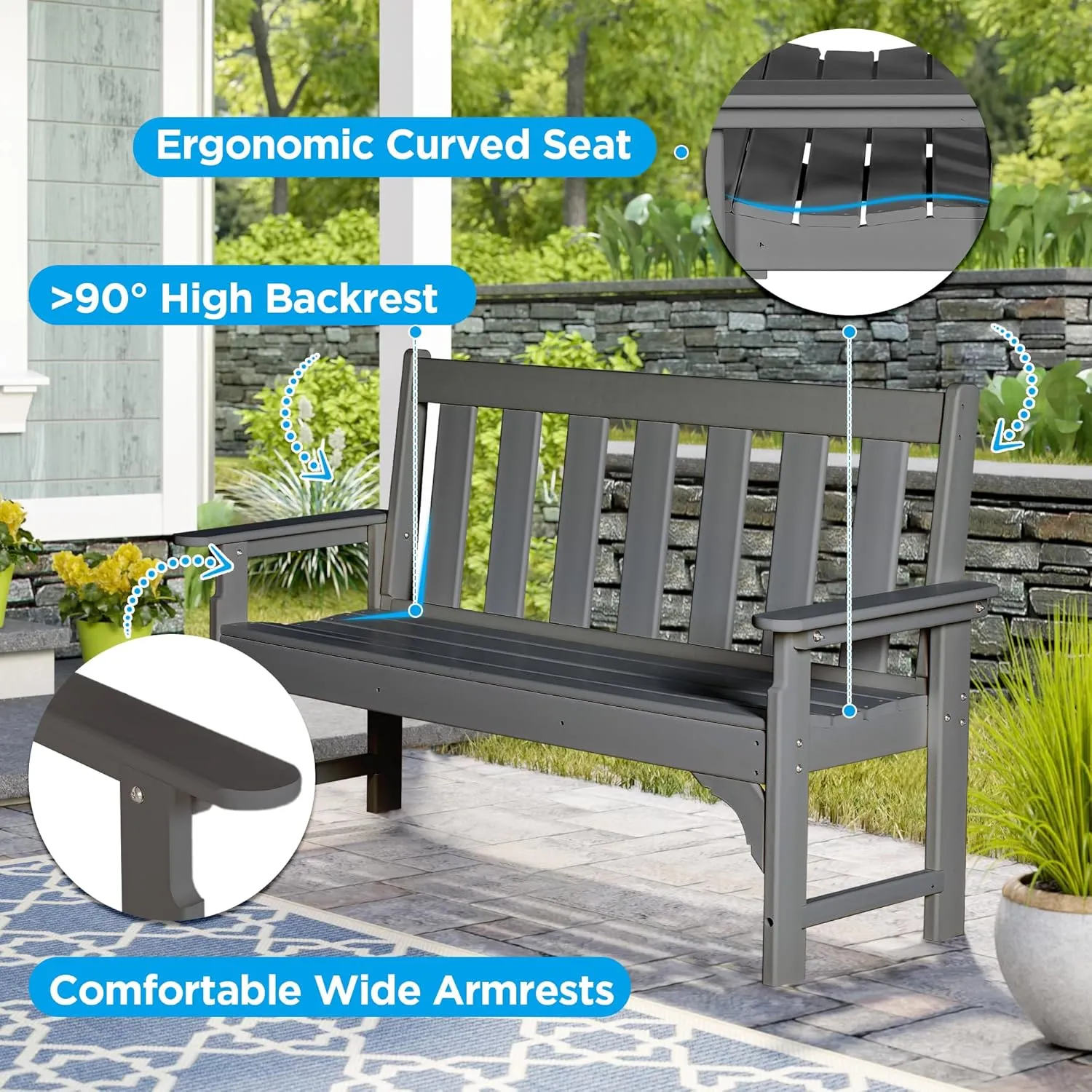 nalone Outdoor Bench, HDPE All Weather Patio Bench Load up to 800 Lbs, 2-Person Garden Bench Rot-Proof Fade Proof for Patio, Porch, and Park (Grey)
