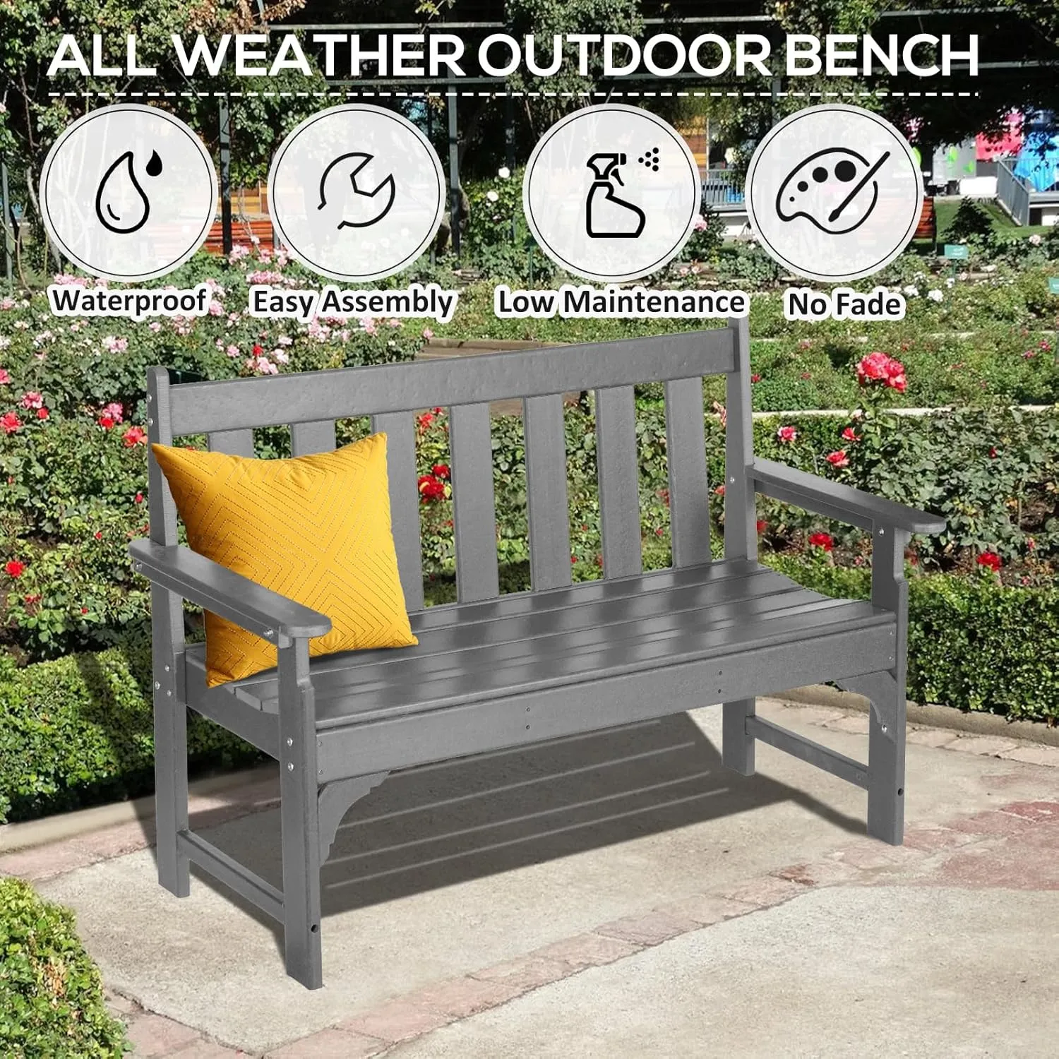 nalone Outdoor Bench, HDPE All Weather Patio Bench Load up to 800 Lbs, 2-Person Garden Bench Rot-Proof Fade Proof for Patio, Porch, and Park (Grey)