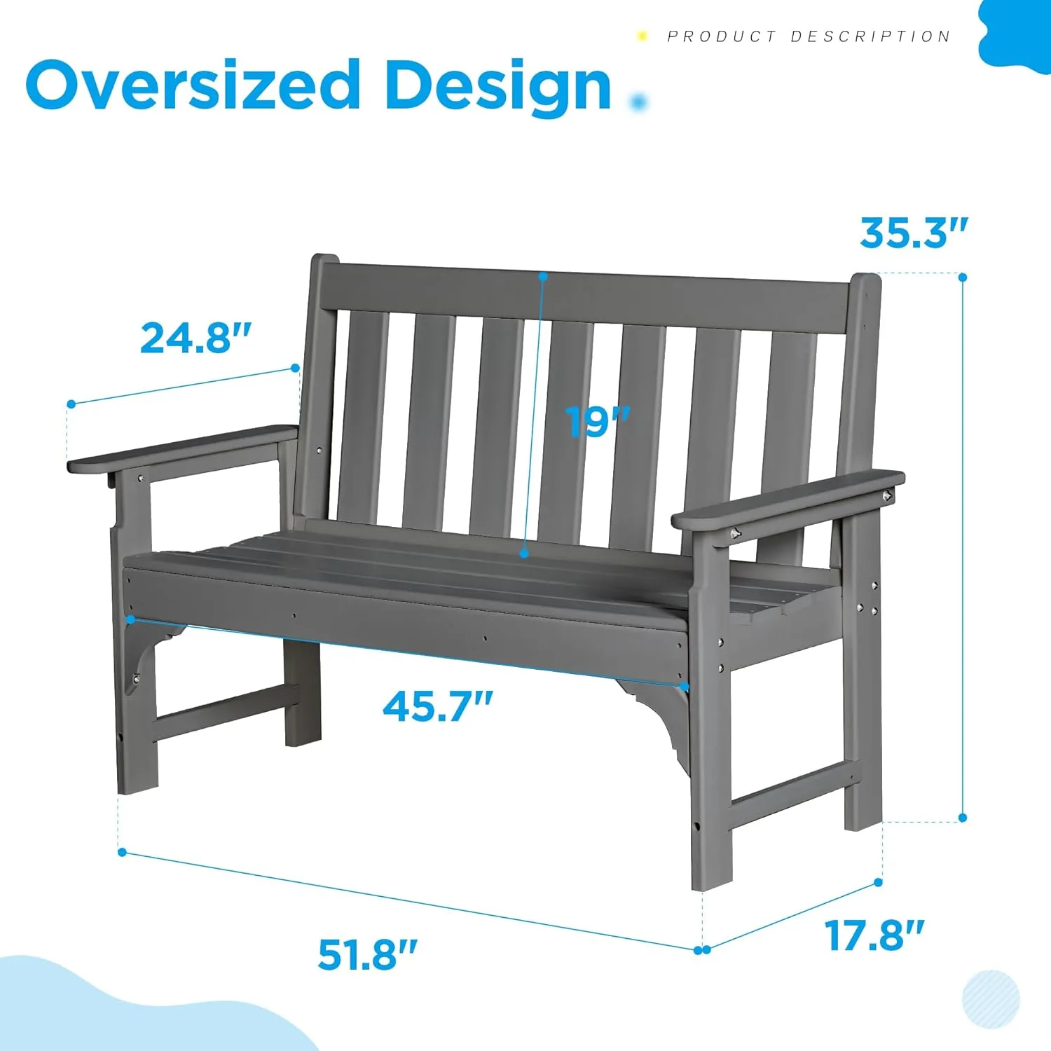 nalone Outdoor Bench, HDPE All Weather Patio Bench Load up to 800 Lbs, 2-Person Garden Bench Rot-Proof Fade Proof for Patio, Porch, and Park (Grey)