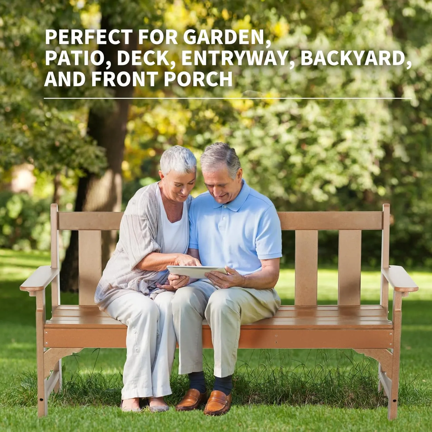 nalone Outdoor Bench, HDPE All Weather Patio Bench Load up to 800 Lbs, 2-Person Garden Bench Rot-Proof Fade Proof for Patio, Porch, and Park (Teak)