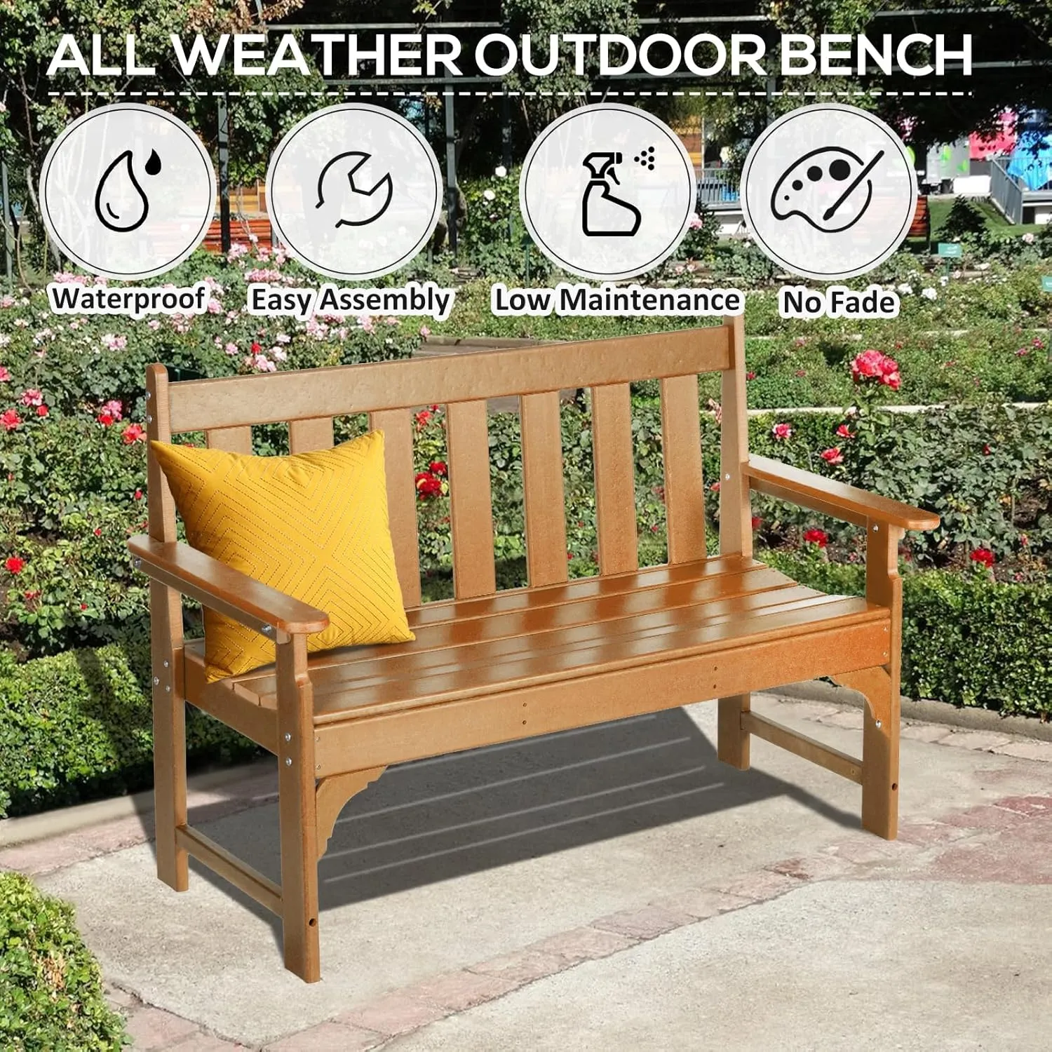 nalone Outdoor Bench, HDPE All Weather Patio Bench Load up to 800 Lbs, 2-Person Garden Bench Rot-Proof Fade Proof for Patio, Porch, and Park (Teak)