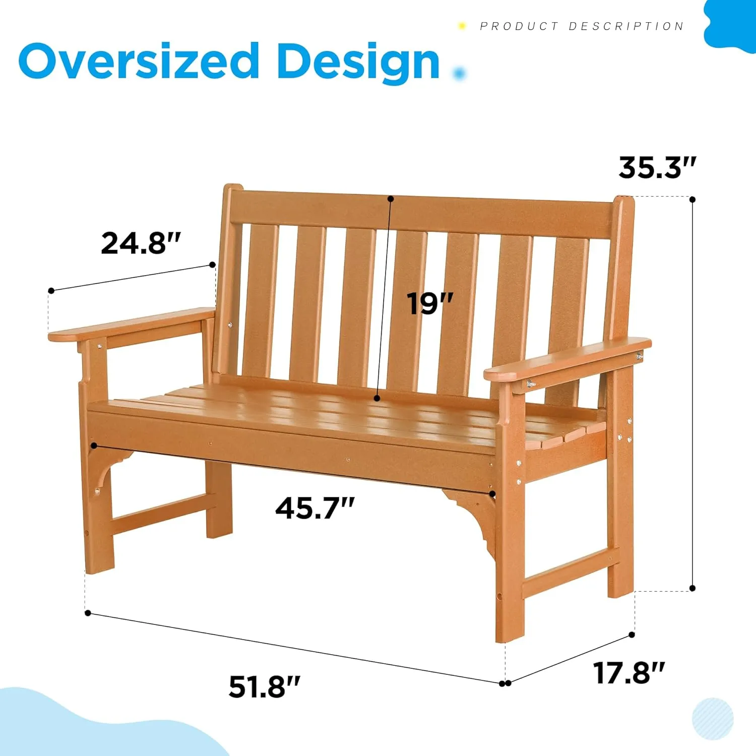 nalone Outdoor Bench, HDPE All Weather Patio Bench Load up to 800 Lbs, 2-Person Garden Bench Rot-Proof Fade Proof for Patio, Porch, and Park (Teak)