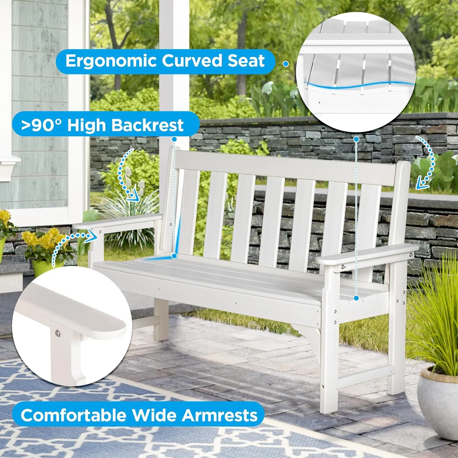 nalone Outdoor Bench, HDPE All Weather Patio Bench Load up to 800 Lbs, 2-Person Garden Bench Rot-Proof Fade Proof for Patio, Porch, and Park (White)