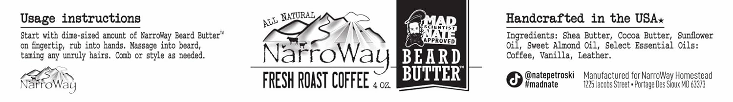 Narroway All Natural Beard Butter 4 oz Jar (Fresh Roast Coffee)