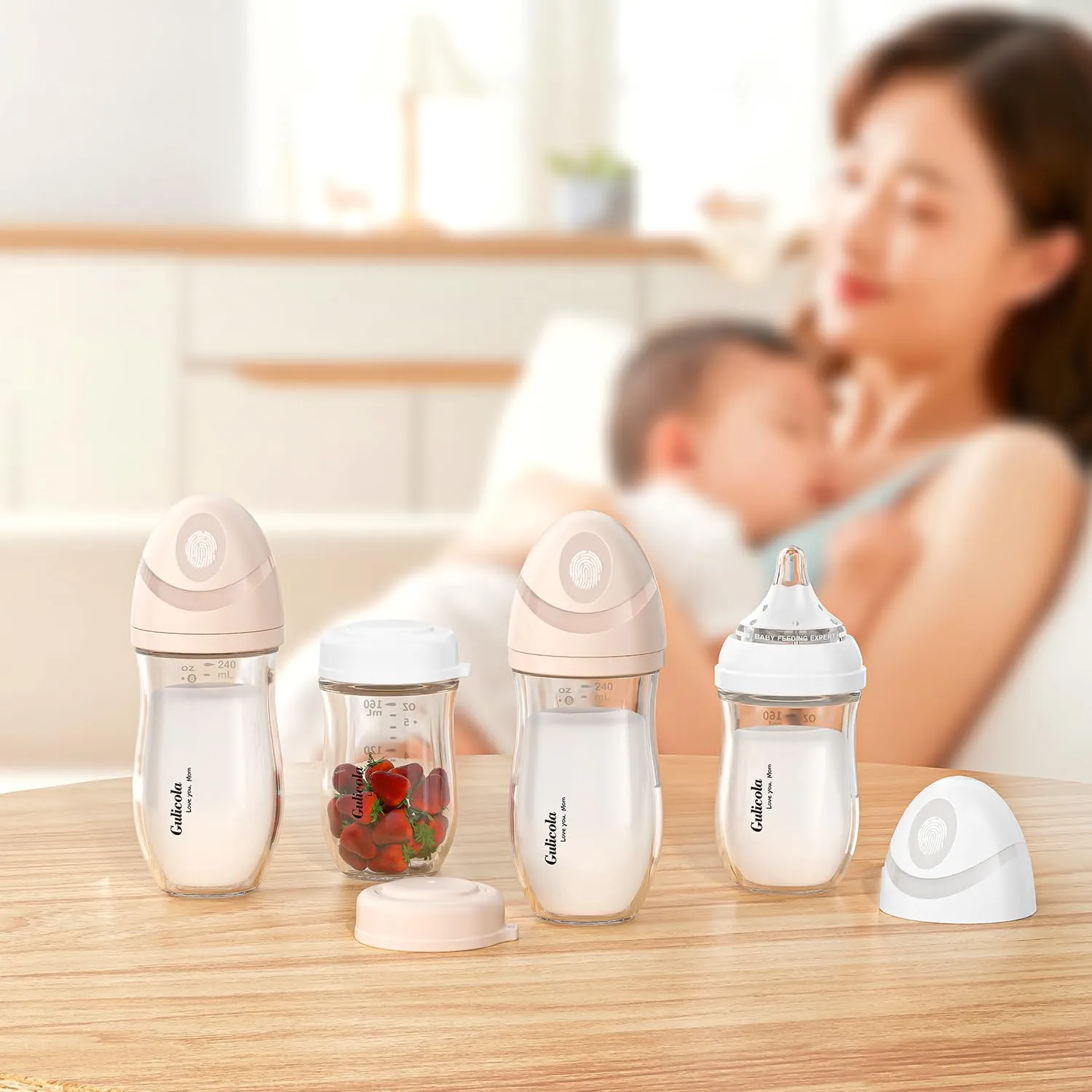 Natural Glass Baby Bottle for Breastfed Babies, Anti-Colic Baby Bottle Set with Medium Flow Nipple, 3 Months  , 8 oz, 2 Pack - Pink