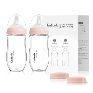 Natural Glass Baby Bottle for Breastfed Babies, Anti-Colic Baby Bottle Set with Medium Flow Nipple, 3 Months  , 8 oz, 2 Pack - Pink