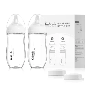 Natural Glass Baby Bottle for Breastfed Babies, Anti-Colic Baby Bottle Set with Medium Flow Nipple, 3 Months  , 8 oz, 2 Pack - White