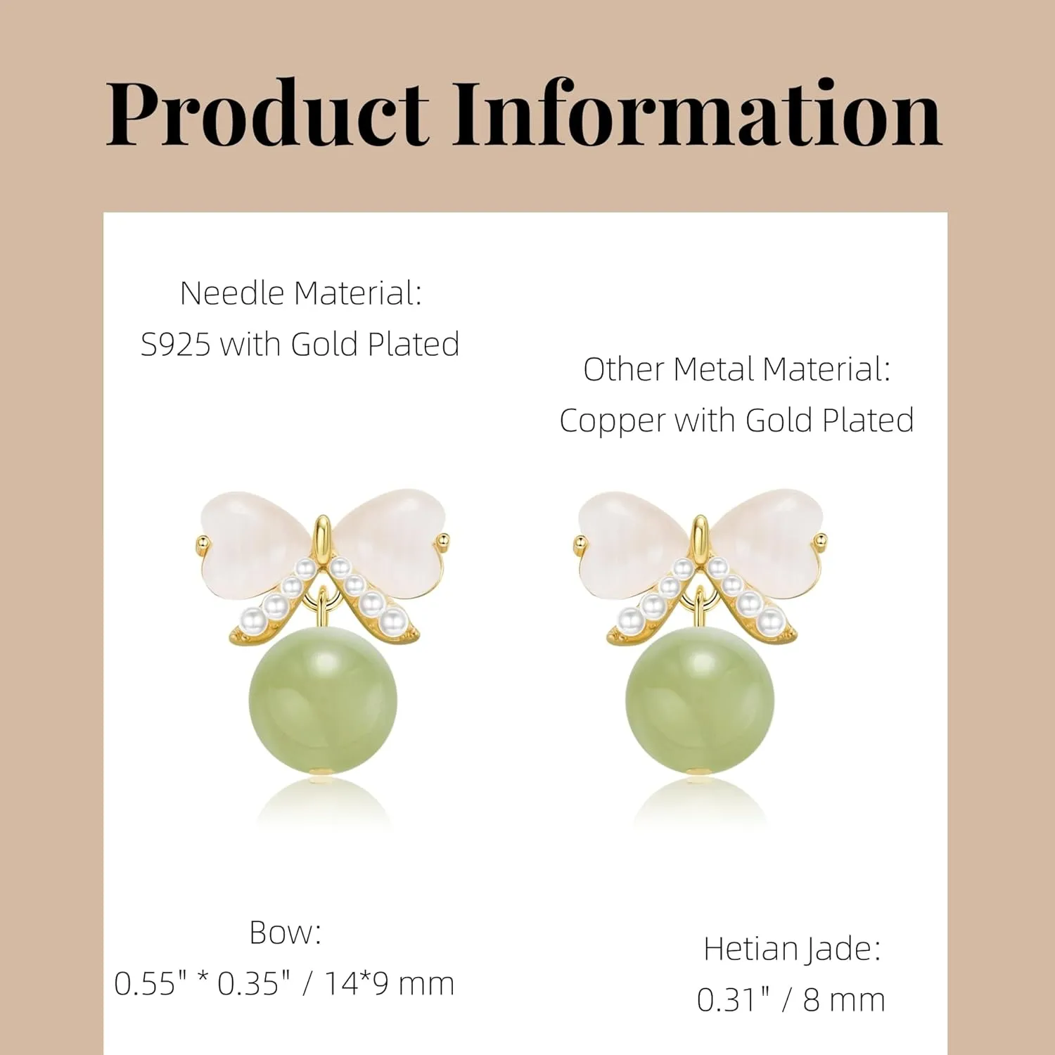 Natural Hetian Jade Bow Earrings, Dainty Green Real Jade Charm Pendant Jewelry Studs, Handmade Ear Stud Earrings Hoop Earrings for Women (925 Sterling Silver with Gold Plated)