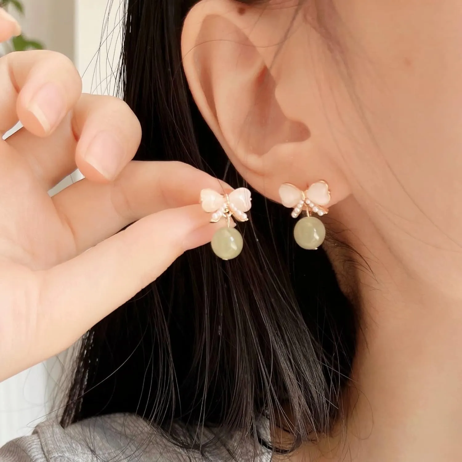 Natural Hetian Jade Bow Earrings, Dainty Green Real Jade Charm Pendant Jewelry Studs, Handmade Ear Stud Earrings Hoop Earrings for Women (925 Sterling Silver with Gold Plated)
