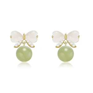 Natural Hetian Jade Bow Earrings, Dainty Green Real Jade Charm Pendant Jewelry Studs, Handmade Ear Stud Earrings Hoop Earrings for Women (925 Sterling Silver with Gold Plated)