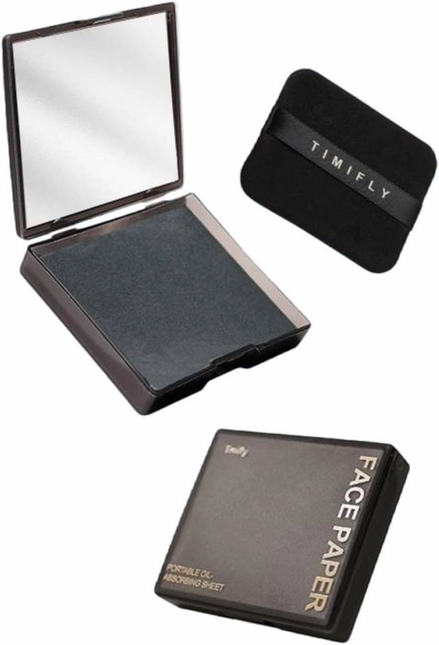 Natural Bamboo Charcoal Blotting Paper - 300 Facial Oil Absorbent Masks with Mirror and Puff, Suitable for Oily Skin, Natural Oil Control, Long-lasting Matte (Black)