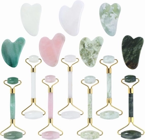 Natural Jade Roller Gua Sha Set Facial Massage,Emerald Heart Set