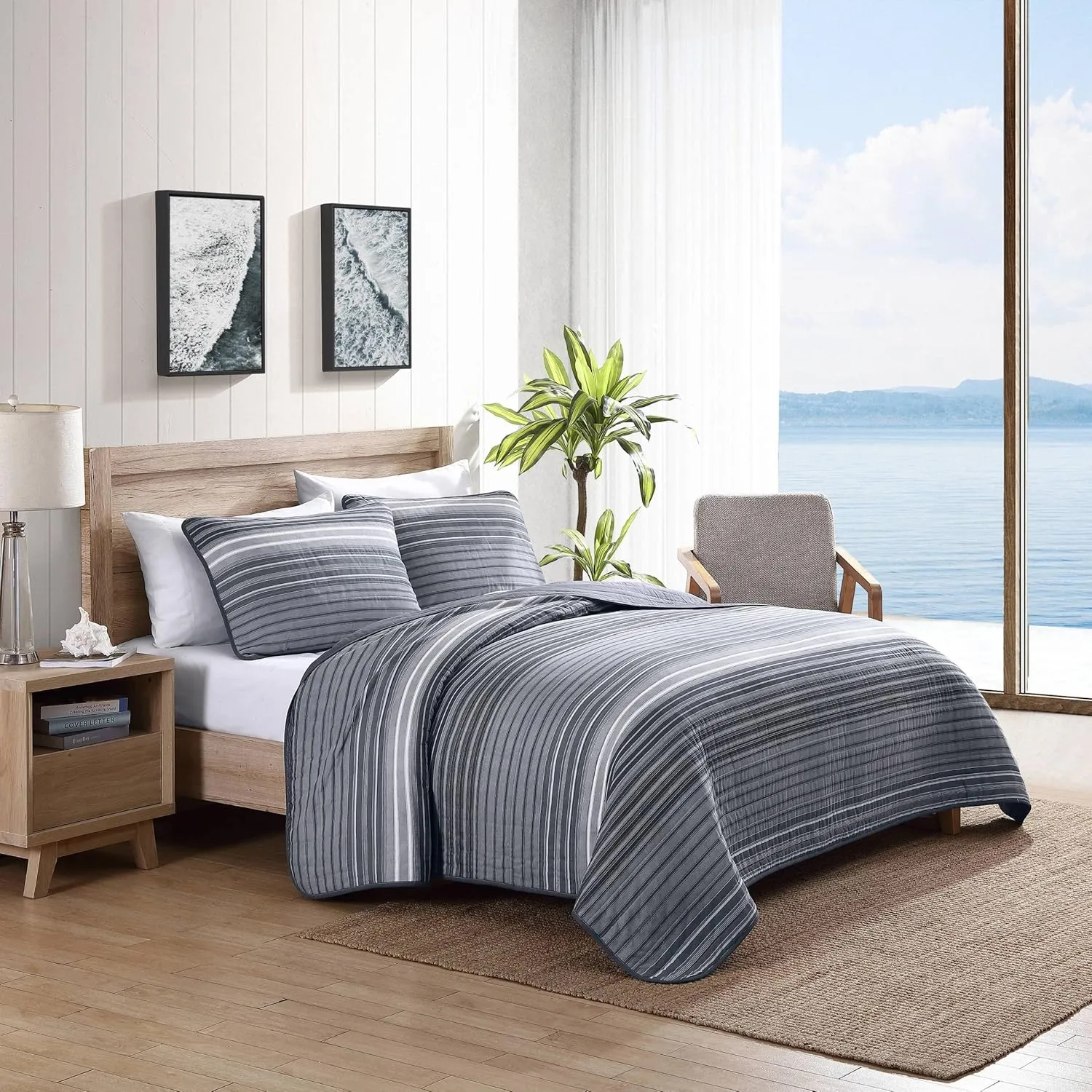 Nautica- King Quilt Set, Cotton Reversible Bedding Set, All Season Designer Home Décor (Coveside Grey, King)